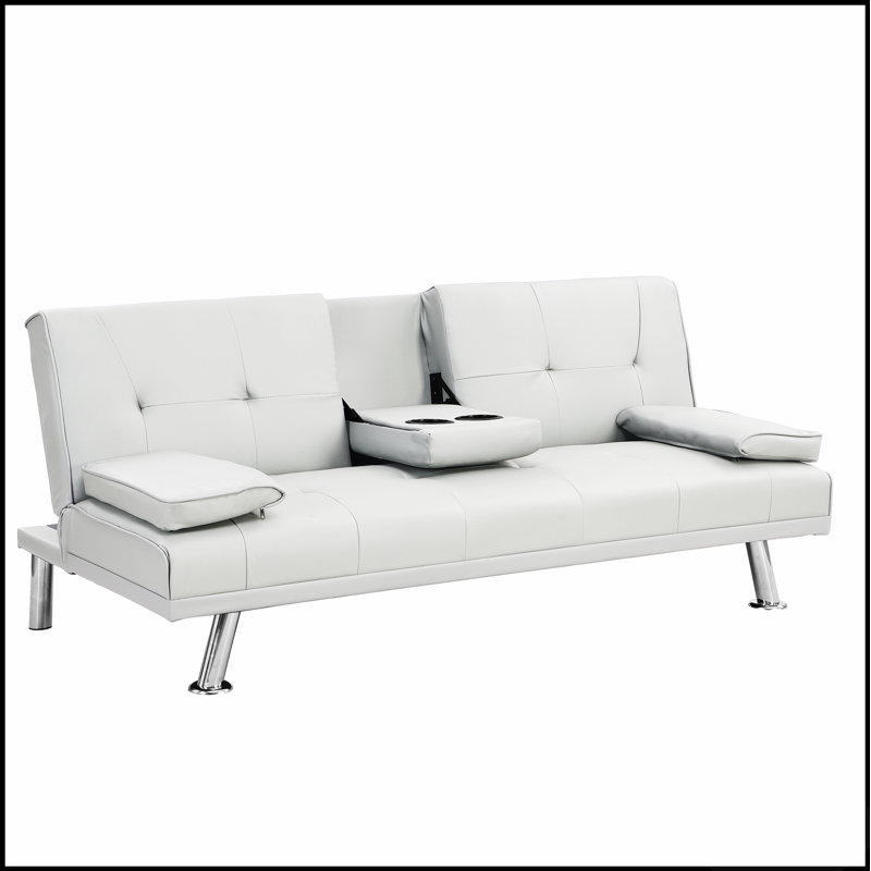 Canapé-lit confortable avec porte-accoudoirs, structure en bois, pieds en acier inoxydable et futon blanc en PVC pour une vie moderne
