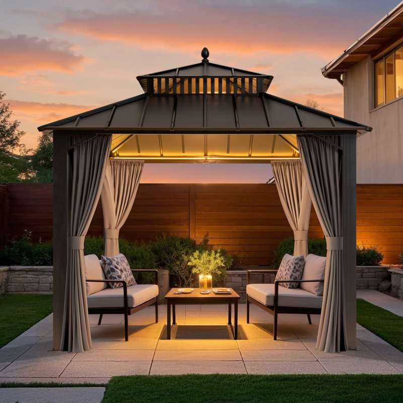 SUNJOY Kingston 10x10 Gazebo with Metal Roof , Curtain, and Netting - Gray Aluminum Posts, Gray, Black