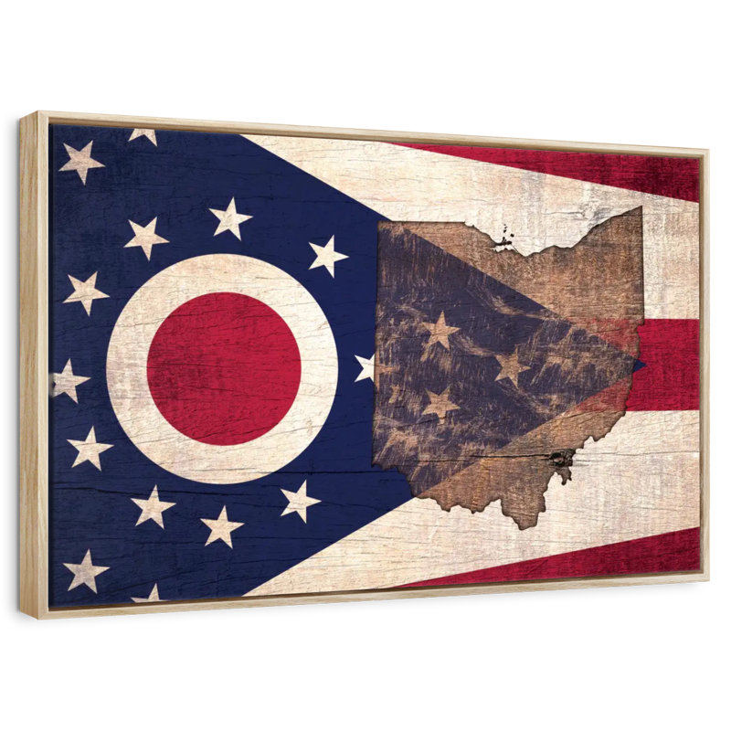Carte de l'État sur le drapeau de l'Ohio, Cadre flottant en bois naturel, 43 po x 29 po