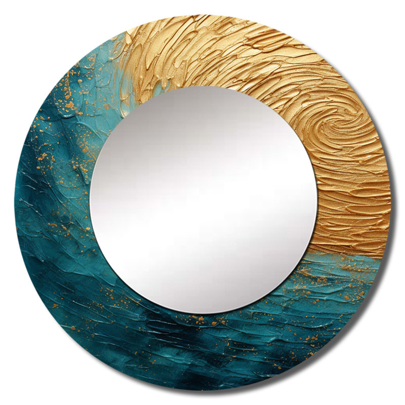 Or bleu sarcelle Alchimie spirale III - abstrait spirales murales miroir, 36 po x 36 po