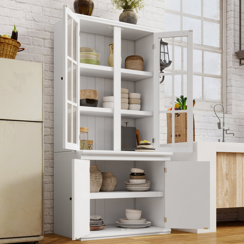 75.25''H 36.25''W Freestanding Pantry Cabinet With Glass Door, Farmhouse Display Cabinets With Storage, Hutch With Lattice Window For Hallways, Livingroom Kitchen & Office,White