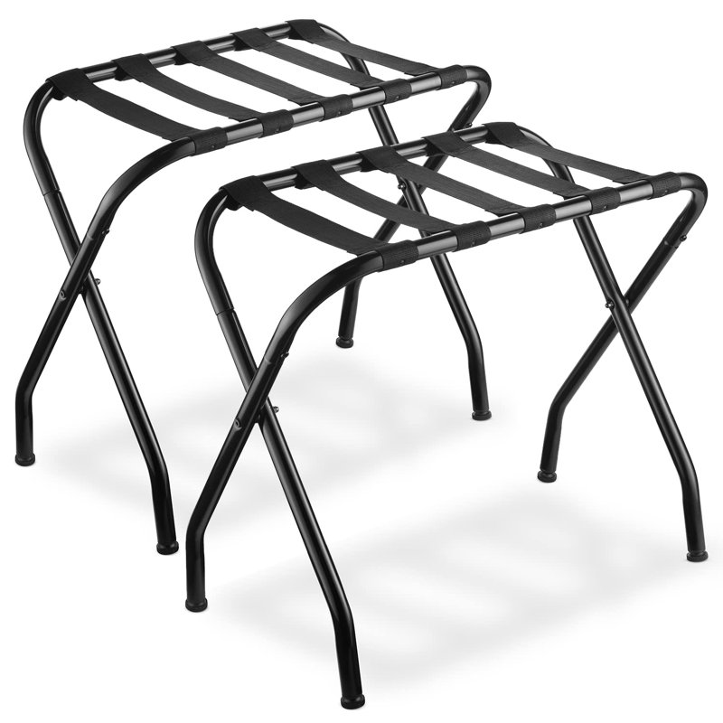 Ensemble de 2 porte-valises pliables en métal pliable avec sangles en nylon noir durable - pour la chambre à coucher, la chambre d'amis ou l'hôtel (acier noir)