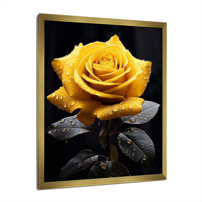Danail, jaune, noir, rose, élégance III - fleurs, art mural, Cadre doré simple, H 40 po x l 30 po x P 1,5 po