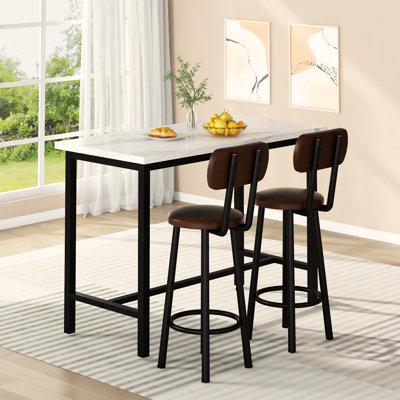 Ensemble de table de bar et de chaises, ensemble de table de salle à manger pour 2 personnes avec 2 chaises en cuir de polyuréthane, ensemble de salle à manger de bar avec plateau en panneau de fibres à densité moyenne, table de petit-déjeuner de cu