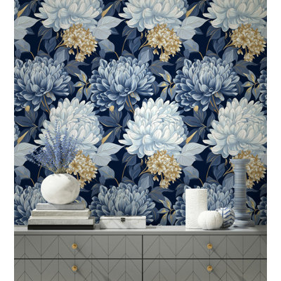 Papier peint chrysanthème bleu marine | Élégante murale florale élégante | Rouleau pelez et collez