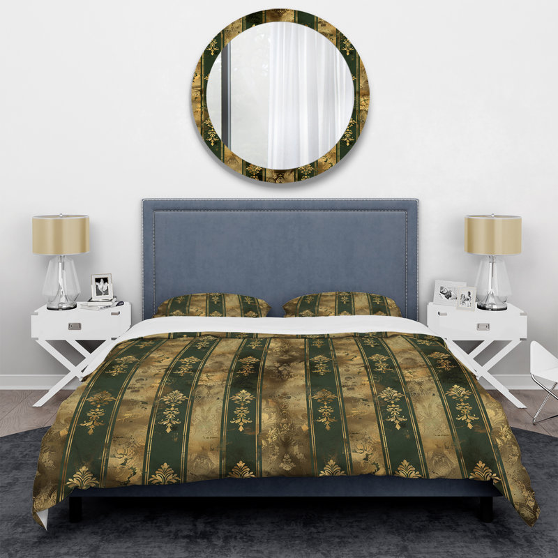 Ensemble de housse de couette à rayures dorées et vertes I, Housse de couette pour grand lit et 2 taies décor