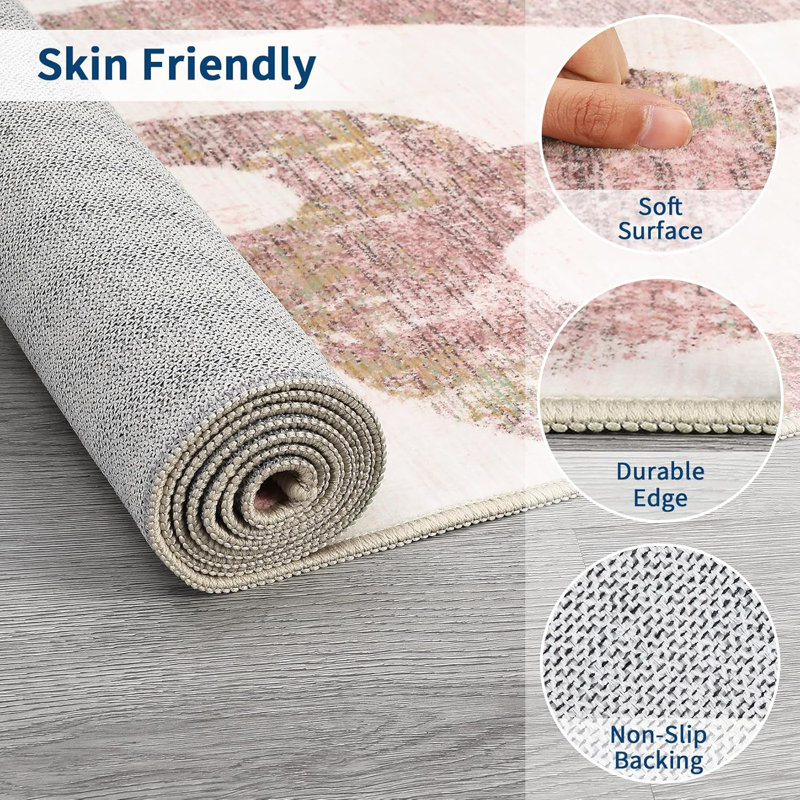 2x6 Washable Pink Runner Rug, Soft Non-Slip, Low Pile, Thin, Snake Print, Contemporary Accent Carpet for Kitchen, Hallway, Laundry.