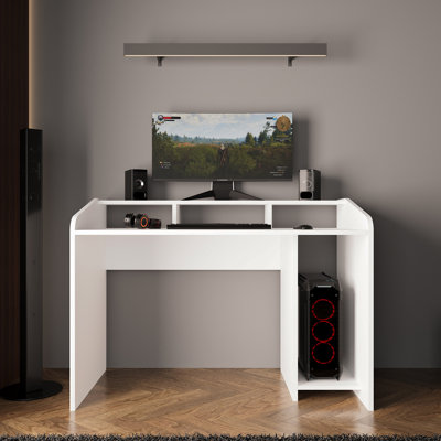 Bimossa Nova 117 cm PC Gaming Desk 117cm with Monitor Shelf, Modern Computer Desk for PC, Gaming & Home Office, Wooden Gaming Desk Table with Storage Shelves for Bedroom, Workstation Desk for Small Spaces