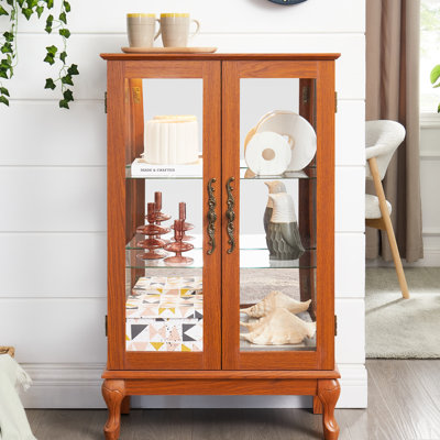 Lighted 2 Doors Curio Cabinet With Mirrored Back, Adjustable Shelves, Dark Oak, And Tempered Glass For Home Or Office Display Of Prized Wine Books , Glass, Shelves In Oak Collectible
