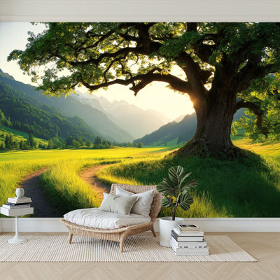 Peel and Stick Wallpaper 96" W x 69" H Modern Self Adhesive Wall Mural for Bedroom Majestic Old Tree Winding Path Green Meadow Sunlit Mountain Valley