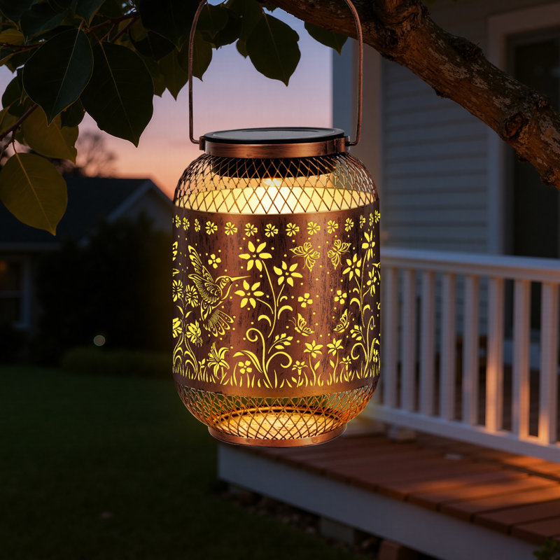 Lanterne d'extérieur à DEL intégrée en métal à énergie solaire (motif colibri)