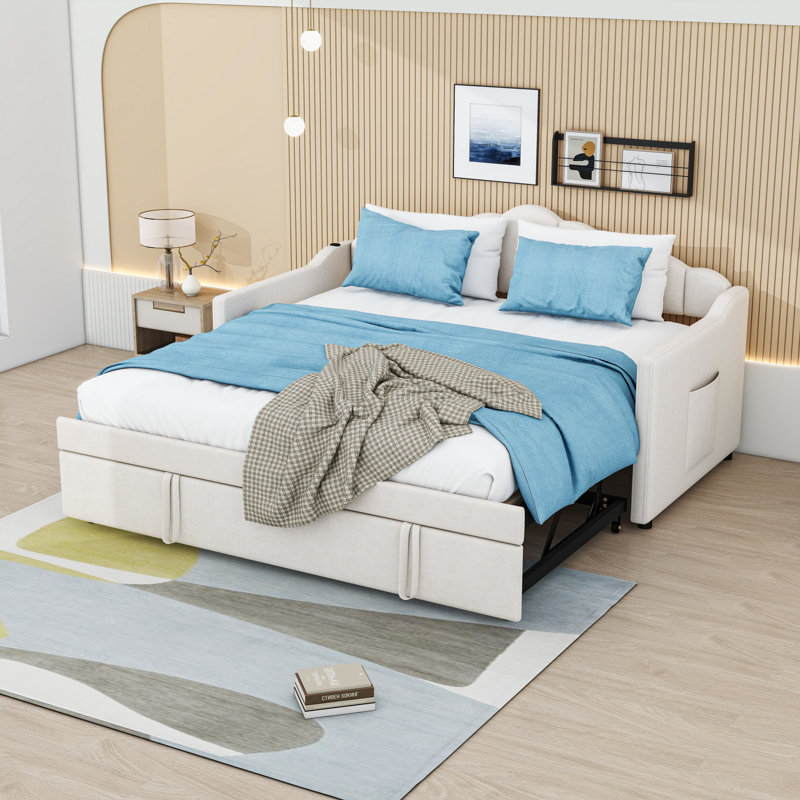 Upholstered Twin Daybed with Twin Pop-Up Trundle, USB & Type-C Ports and Pockets, Beige