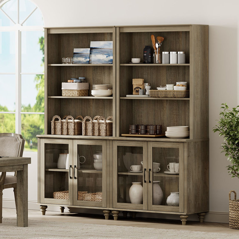 Armoire de cuisine de 72,1 po de hauteur avec 4 portes en verre et des tablettes réglables, gris délavé