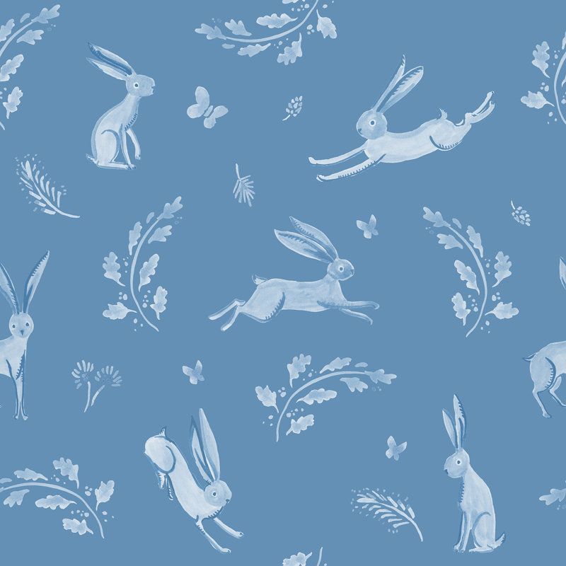 Springtime for Bunnies 33' L x 20.5" W  Wallpaper Roll, Blue/White
