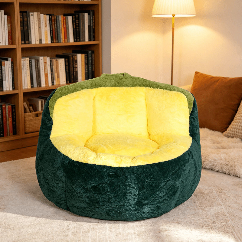 Canapé pour adulte en fausse fourrure, fauteuil simple en forme de noix avec mousse de compression, Yellow/Green