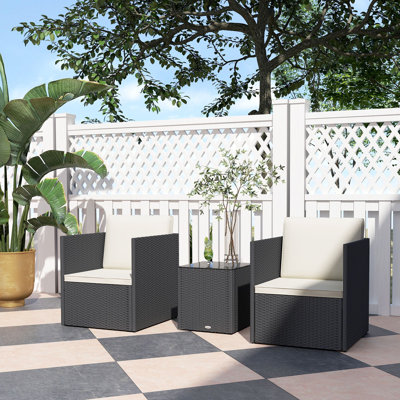 Ensemble de meubles de patio 3 pièces, chaises H 26 po avec coussins lavables, table basse en verre H 18,1 po, noir / blanc