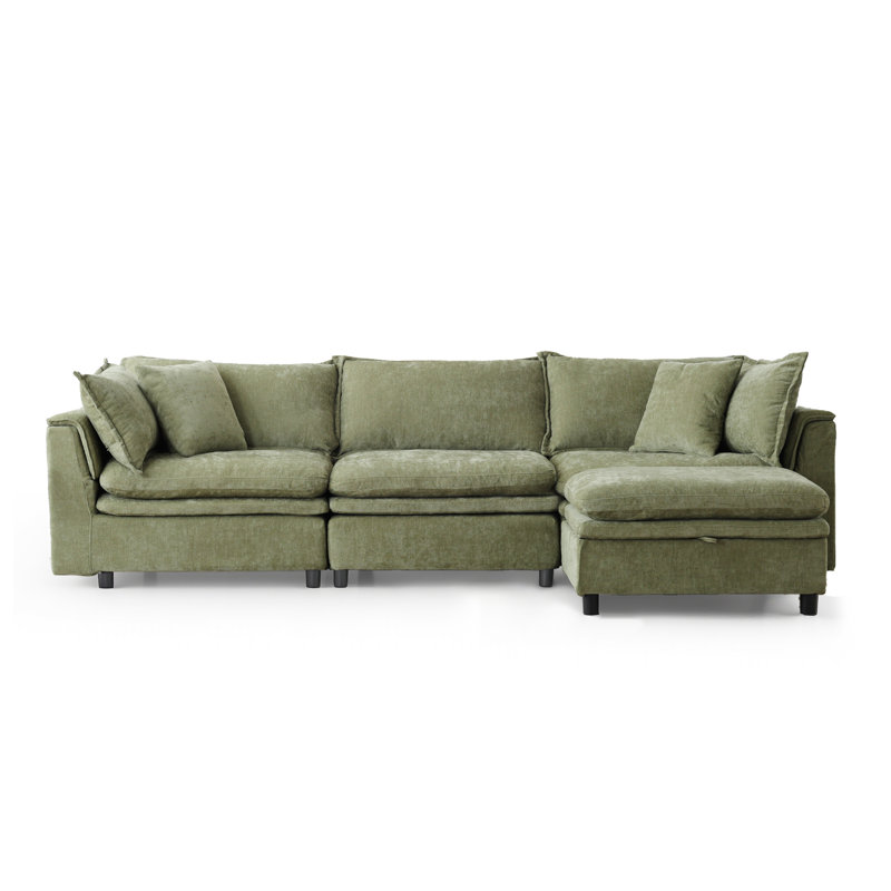 113'' Upholstered L-Shape Sectional Cloud Couch With Storage Ottoman, Avocado Green Chenille