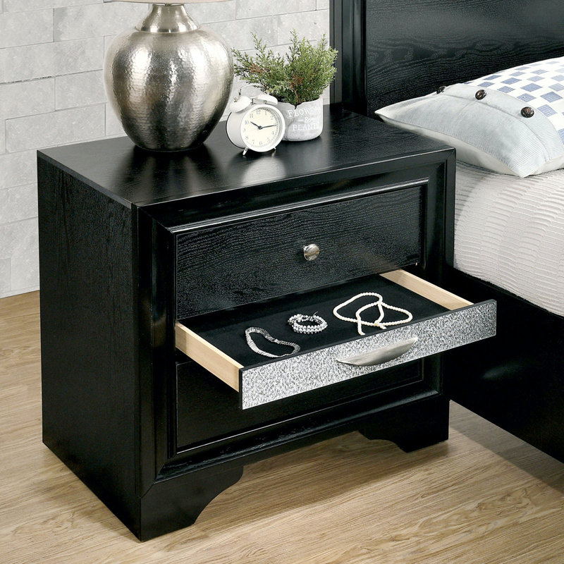 Table de chevet 3 tiroirs en bois avec boutons ronds en nickel, Noir