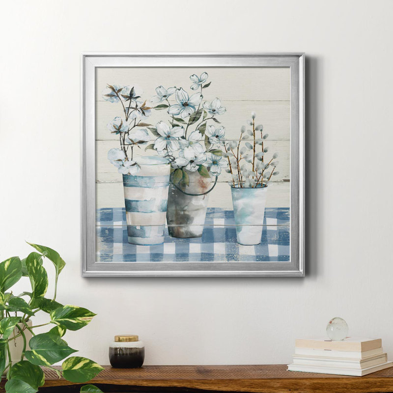 Gingham Blues - Peinture sur toile encadrée, H 22,5 po x l 22,5 po x P 1,5 po, Cadre argenté
