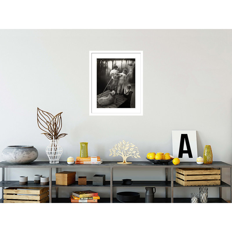 Dogs Supervising Fishing Boys by Unknown -Framed Giclee Print, 28.38" H x 23.5" W