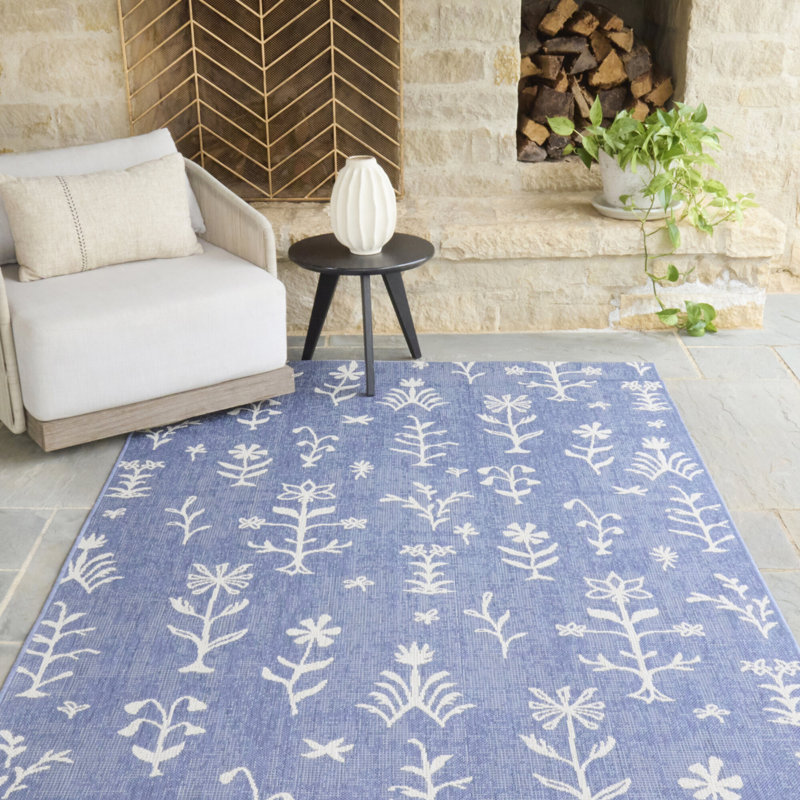 Tapis d'intérieur / extérieur bleu / blanc Vreni, Rectangle 7 pi 10 po x 10 pi