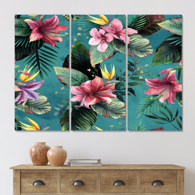 «Pink Tropical Flowers On Teal», reproduction d'art sur toile traditionnelle