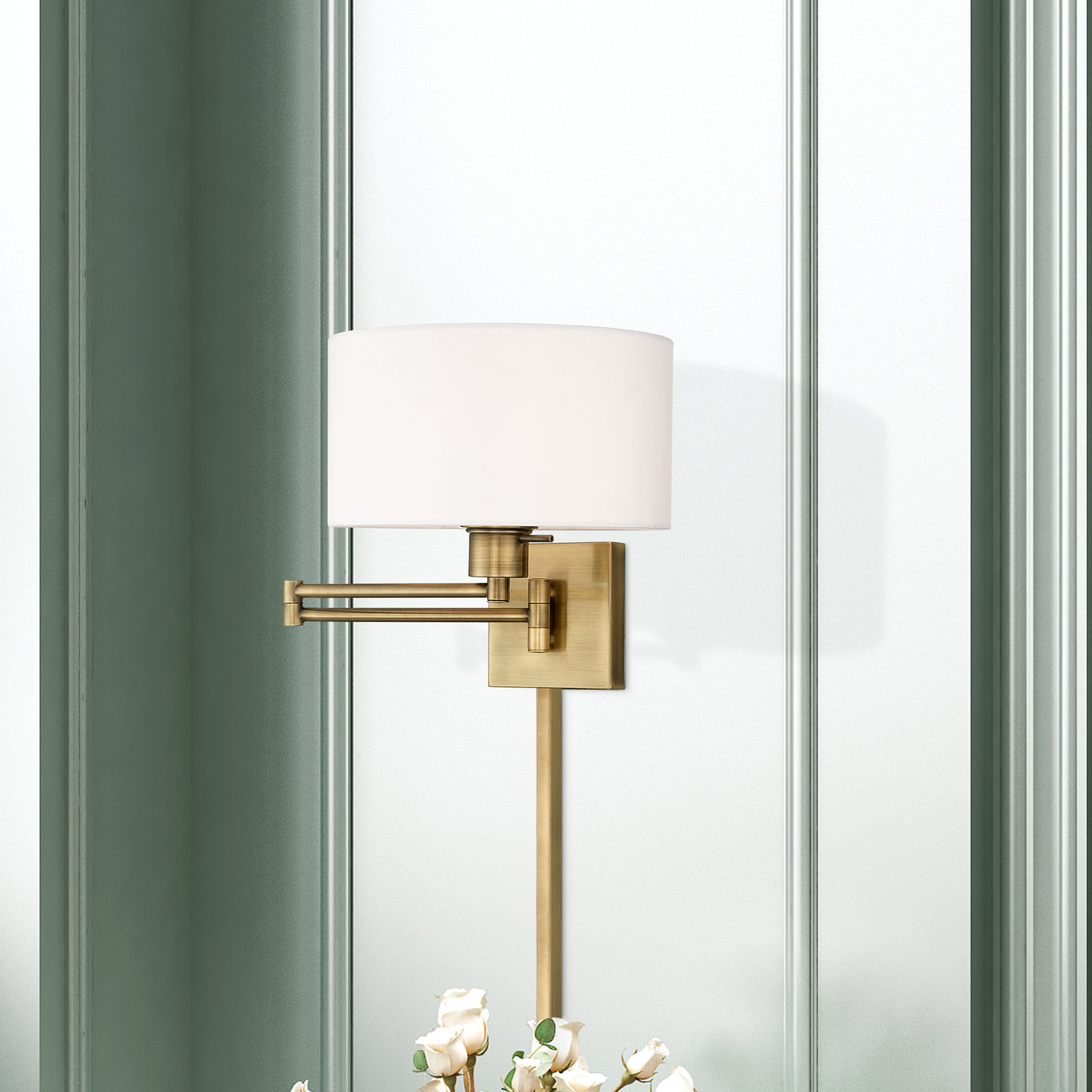 Kevyn Single Light Dimmable Swing Arm Sconce, Off White, Antique Brass