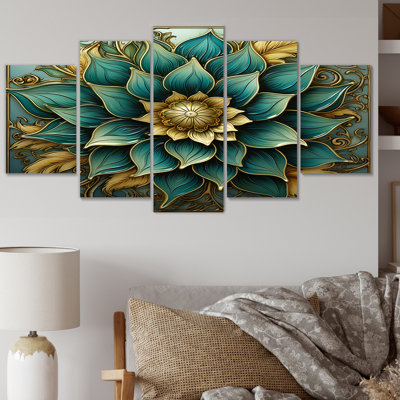 Ancient Magical Flower Mandala In Vintage Teal - Boho Mandala Canvas Wall Art - 5 Panels