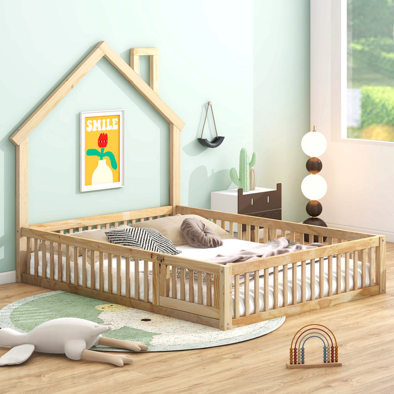 Lit plateforme en bois pleine grandeur avec garde-corps, naturel, Natural