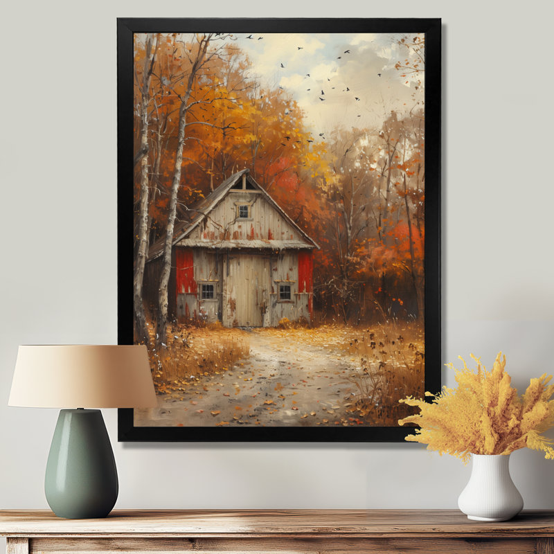 Grange rouge automne rustique retraite grange - décoration murale grange, Toile encadrée noire simple