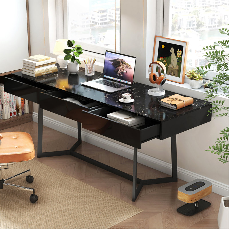Bureau d'ordinateur 70,87 "Modern Black Modern, bureau d'étude et de travail, pieds en Y en métal