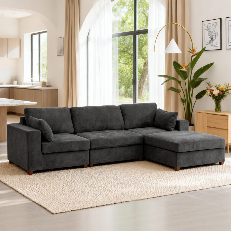 Canapé d'angle rembourré avec 1 repose-pieds, H 26 po x l 113,3 po x P 37,8 po, Lin gris