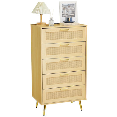 Commode 5 tiroirs, commode en bois de rotin avec poignées en métal, pieds évasés, chêne naturel