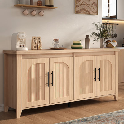 63" Modern Buffet Cabinet with Fluted Storage, Wood Sideboard with Adjustable Shelves, Multi-Functional Coffee Bar Console for Kitchen, Dining Room, Entryway, Natural