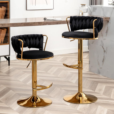 Swivel Bar Stools Set of 2, Counter Height Bar Stools with Low Back, Velvet Adjustable Height Barstools, Gold Bar Stools for Kitchen Island, Pub (Black)