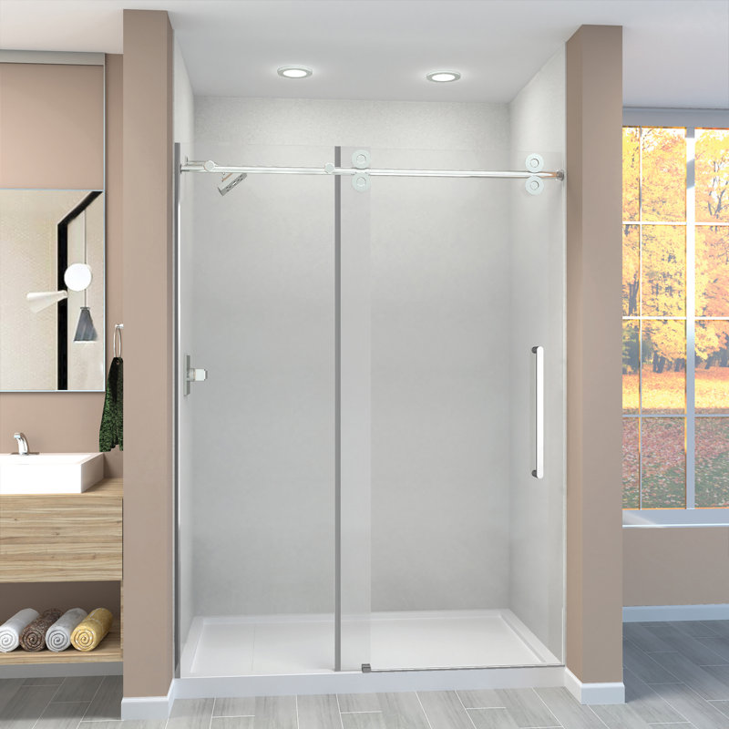 Porte de douche de grange coulissante sans cadre, verre transparent de 3/8 po, 59 po de largeur x 80 po de hauteur, par Transolide Teegan Plus