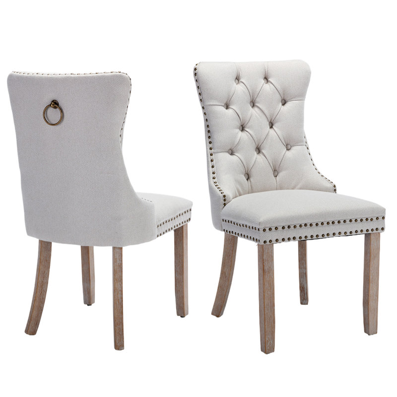 Belmont Button-Tufted Velvet Dining Chair – Premium Fabric & Solid Oak Frame, Natural Wood, Linen/Beige, 2