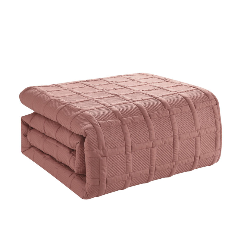 Square 3-Piece Solid Pinsonic Textured Quilt Set, Full / Queen Quilt + 2 Standard Shams, Rose Geometric