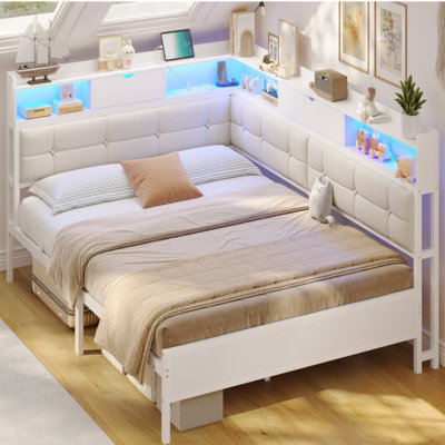 Storage Day Bed Linen Corner Bed with LED Light & Charging Station No Mattress