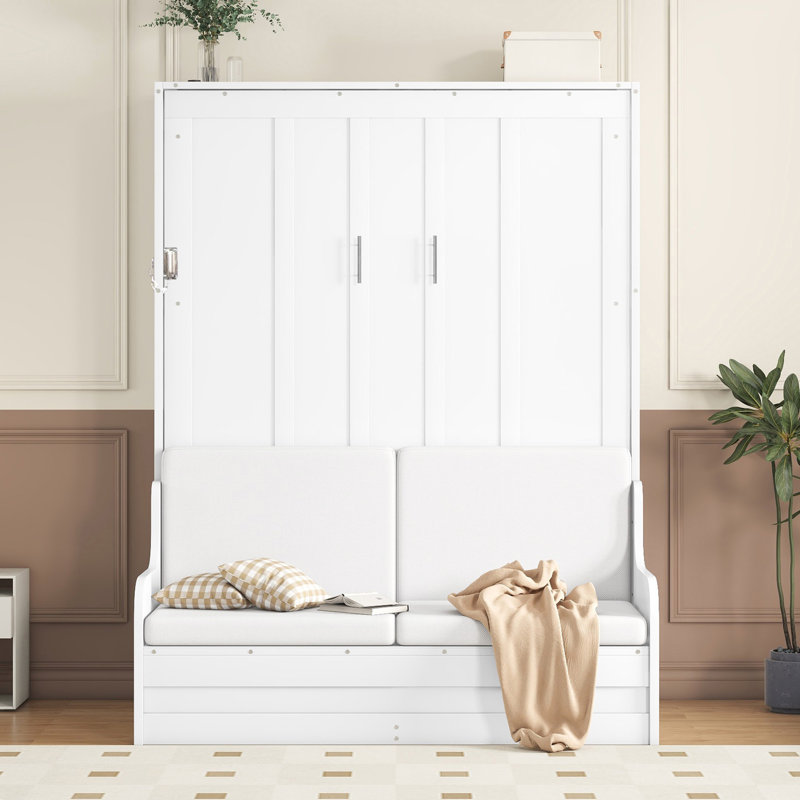 Grand lit escamotable à armoire avec fauteuil pliable, blanc, Blanc
