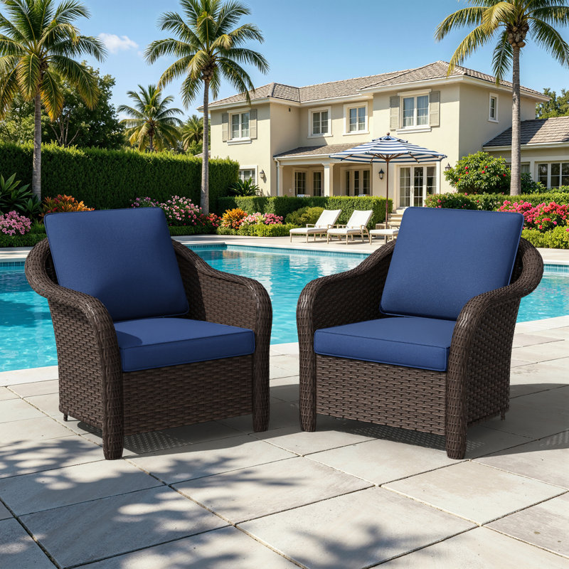 Ensemble de 2 chaises d'extérieur en osier PE avec coussins en oléfine bleue PE, Bleu