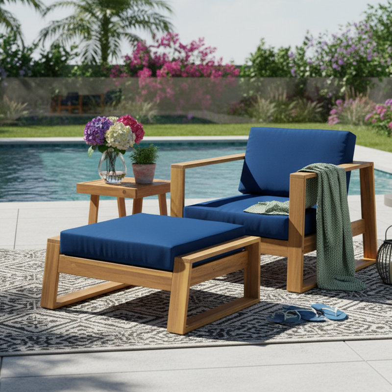 Ensemble de 2 chaises longues d'extérieur en bois d'acacia bleu - Structure résistante aux intempéries - Coussins inclus