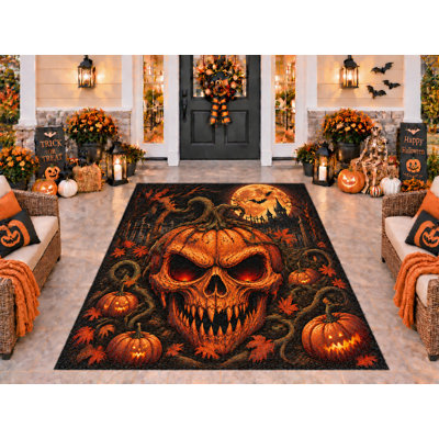 Tapis d'extérieur 5' x 7' à motif citrouille, crâne et cimetière d'Halloween, épais, solide et imperméable, en PVC bouclé, tapis de patio résistant, tapis intérieur/extérieur à séchage rapide pour porche, terrasse, balcon et entrée.