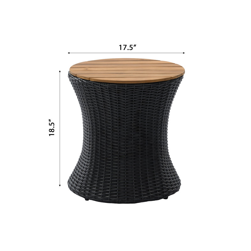 Azure Modern Coastal 17.5" Round Patio End Table with Wood Top & PE Wicker Hourglass Base, Black Wicker