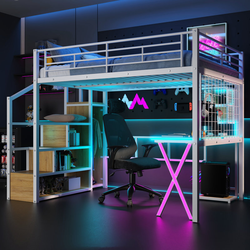 Lit mezzanine en métal blanc avec garde-robe, DEL et bureau intégrés - Maximisez l'espace et la fonctionnalité dans le bureau de votre chambre à coucher, le rangement et l'escalier pour créer un style fonctionnel