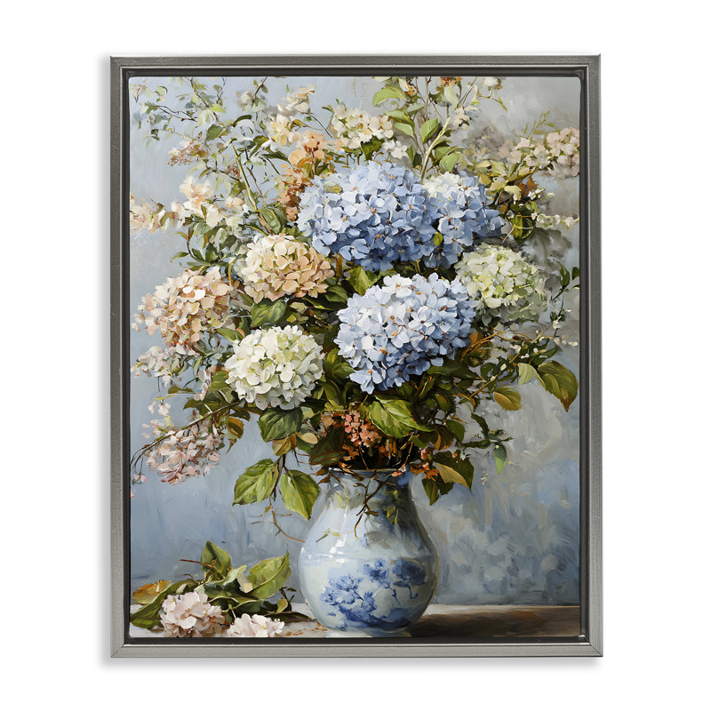 Cadre flottant classique avec hortensias et feuilles, design par Franklyn Gregory, Cadre flottant gris lustré