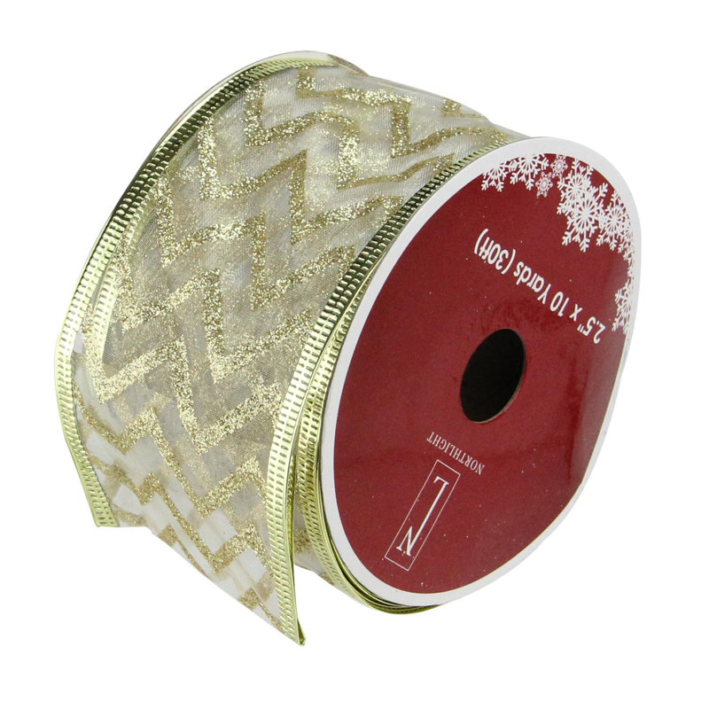 Ruban d'artisanat de Noël filaire vert scintillant à motif de chevrons 2,5 po x 120 verges