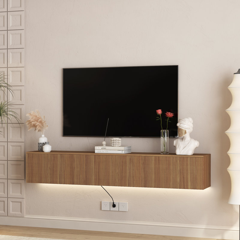 Floating TV Stand Wall Mounted with 16 Color LEDs, Oak