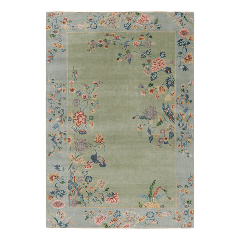 Art Deco Hand Knotted Wool Floral Area Rug, Rectangle 13' x 19'