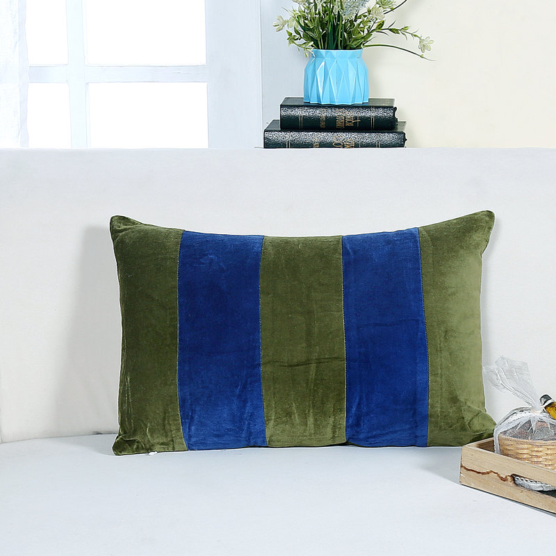 Striped Velvet Lumbar Throw Pillow, Blue Green